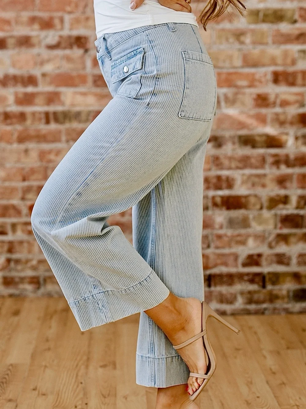 🩵Hello Gorgeous! Cute Striped Wide-Leg Cropped Jeans Light Blue
